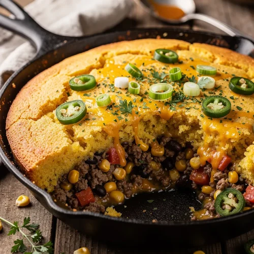 Cowboy cornbread casserole baked in a cast-iron skillet with a golden cornbread topping, melted cheddar cheese, seasoned ground beef, black beans, corn, tomatoes, and fresh jalapeño slices.