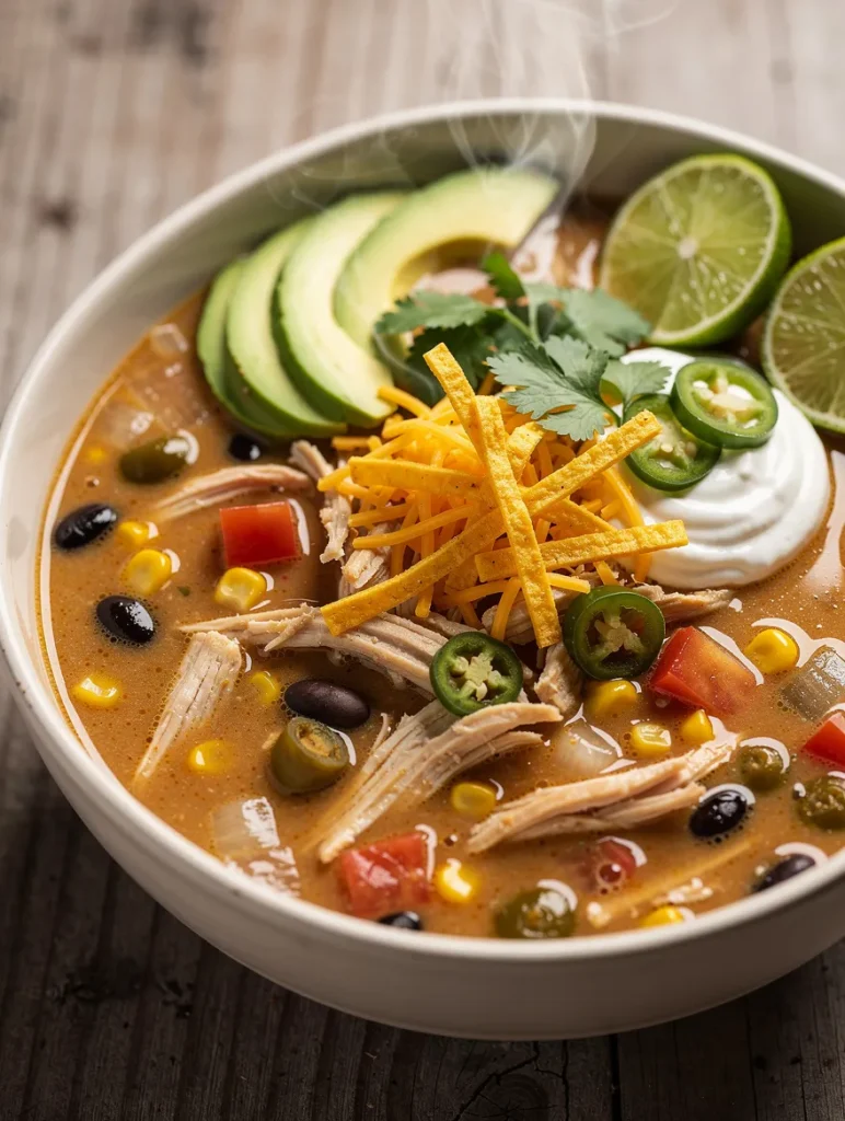 Creamy chicken taco soup with shredded chicken, black beans, corn, diced tomatoes, avocado, cheddar cheese, tortilla strips, sour cream, jalapeños, cilantro, and fresh lime.