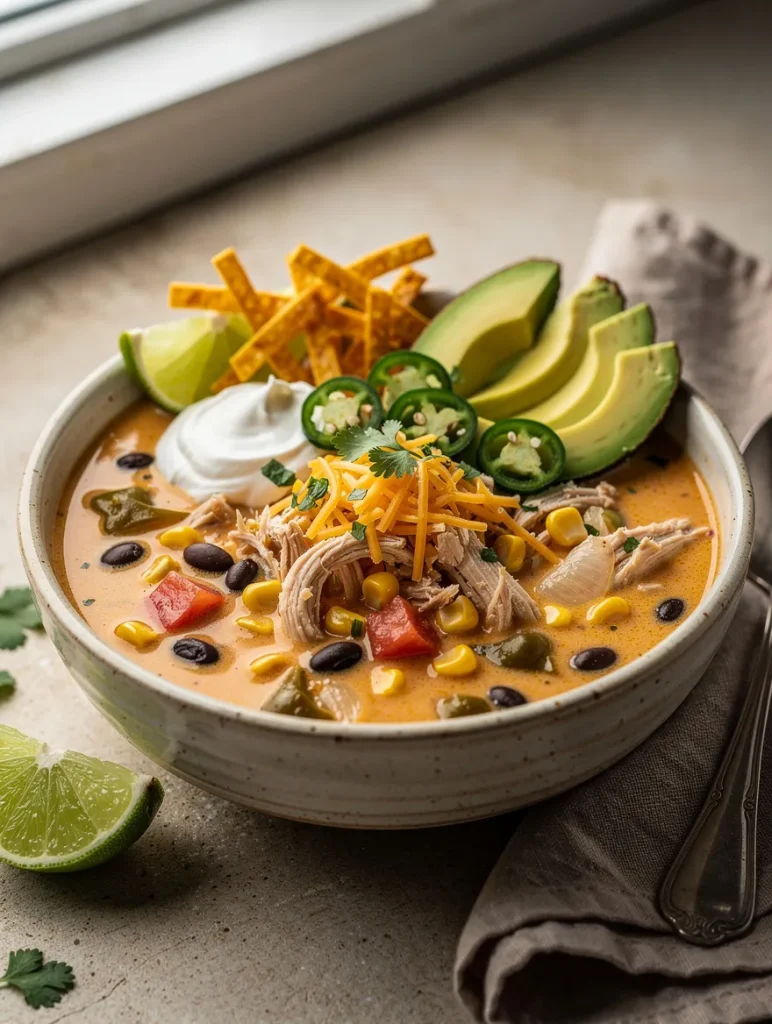 Creamy chicken taco soup topped with shredded chicken, cheddar cheese, sour cream, avocado slices, jalapeños, tortilla strips, black beans, corn, tomatoes, and lime wedges.