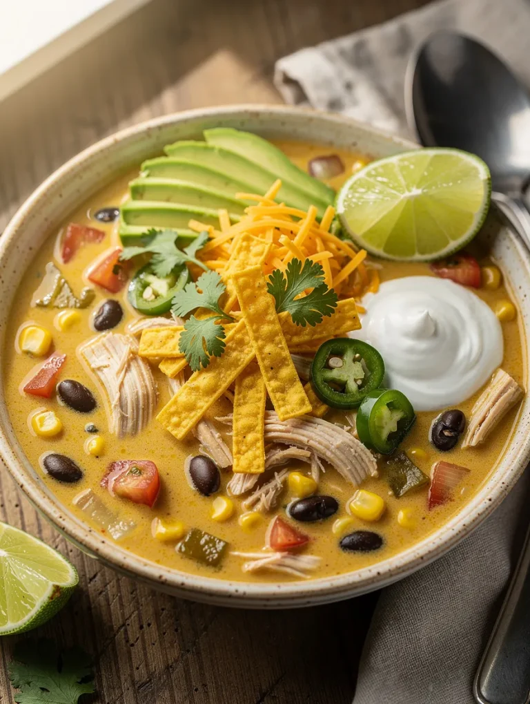Creamy chicken taco soup topped with shredded chicken, black beans, corn, avocado, cheddar cheese, tortilla strips, sour cream, jalapeños, cilantro, and fresh lime.