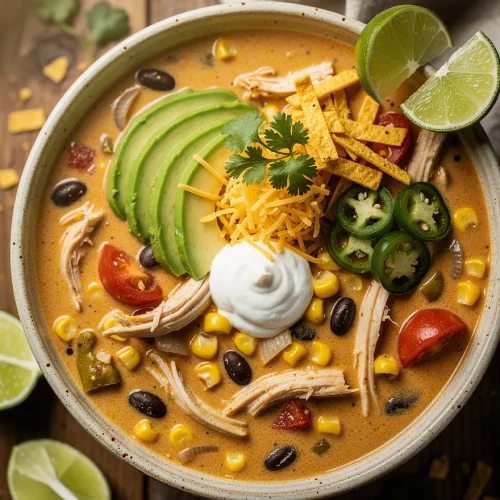 Bowl of creamy chicken taco soup topped with avocado slices, shredded cheddar cheese, sour cream, jalapeños, tortilla strips, cilantro, lime wedges, black beans, corn, tomatoes, and shredded chicken.