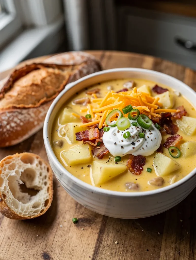 Creamy Crock Pot Loaded Baked Potato Soup topped with cheddar cheese, sour cream, bacon, green onions, and chunky potatoes, served with rustic artisan bread.