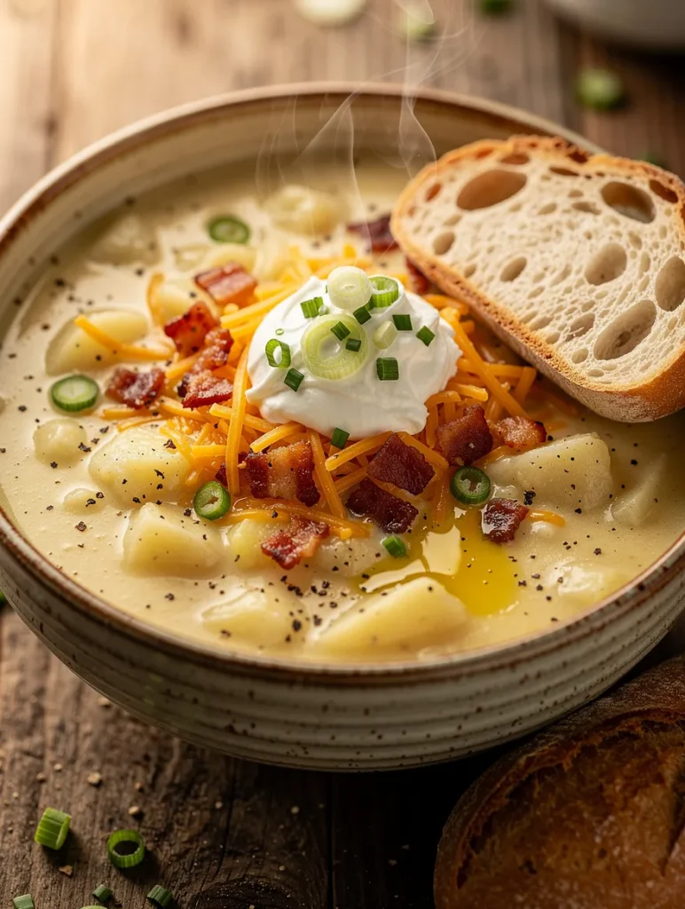 Steaming Crock Pot Loaded Baked Potato Soup topped with cheddar cheese, sour cream, crispy bacon, green onions, and tender potato chunks, served with crusty artisan bread.