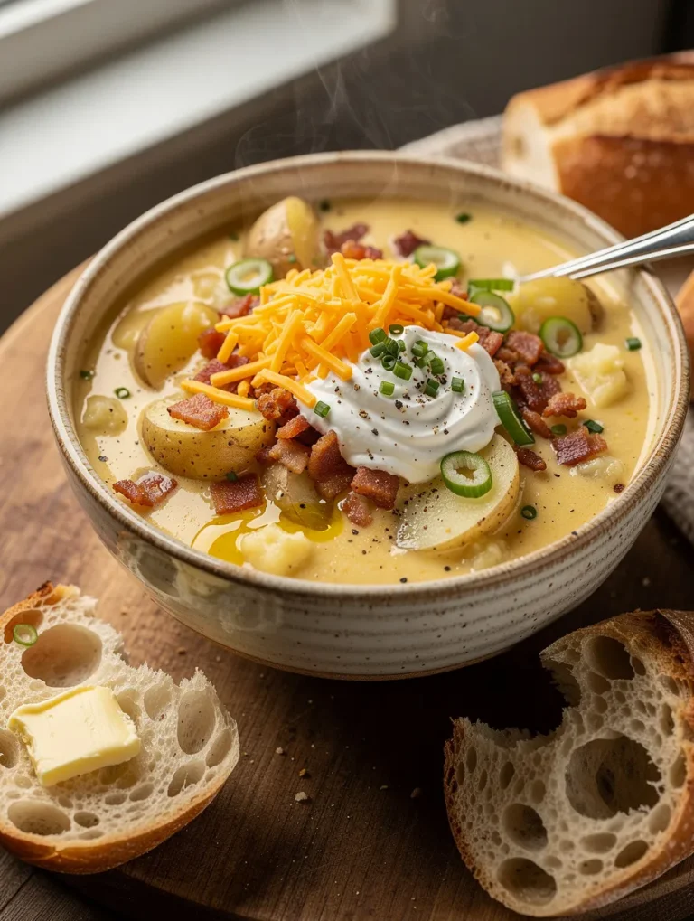 Creamy Crock Pot Loaded Baked Potato Soup topped with shredded cheddar cheese, sour cream, crispy bacon, green onions, and sliced potatoes, served with crusty buttered bread.