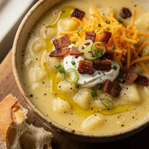 Close-up of creamy Crock Pot Loaded Baked Potato Soup topped with cheddar cheese, crispy bacon, sour cream, green onions, and potato chunks, served with crusty artisan bread.