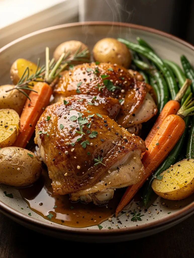 Crock Pot Maple Dijon Chicken with glazed chicken thighs, baby potatoes, roasted carrots, green beans, and fresh rosemary in a maple Dijon sauce.