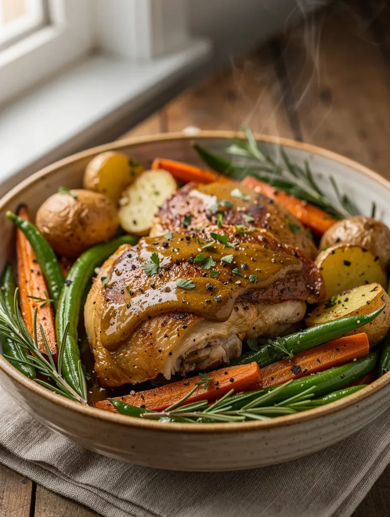 Crock Pot Maple Dijon Chicken served with baby potatoes, roasted carrots, green beans, and fresh rosemary, coated in a glossy maple Dijon glaze.
