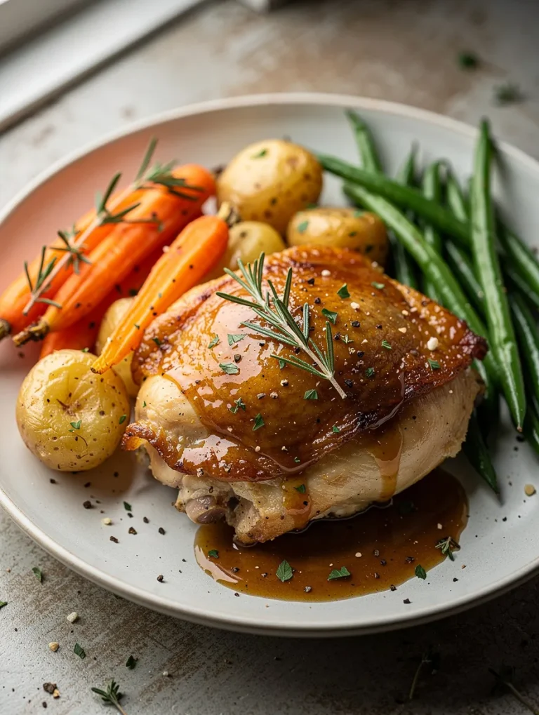 Crock Pot Maple Dijon Chicken served with baby potatoes, roasted carrots, green beans, and maple Dijon glaze, garnished with fresh rosemary.