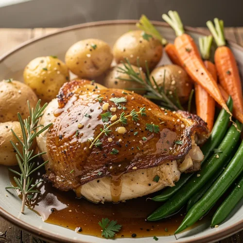 Crock Pot Maple Dijon Chicken with baby potatoes, roasted carrots, green beans, and rosemary, finished with a rich maple Dijon glaze.