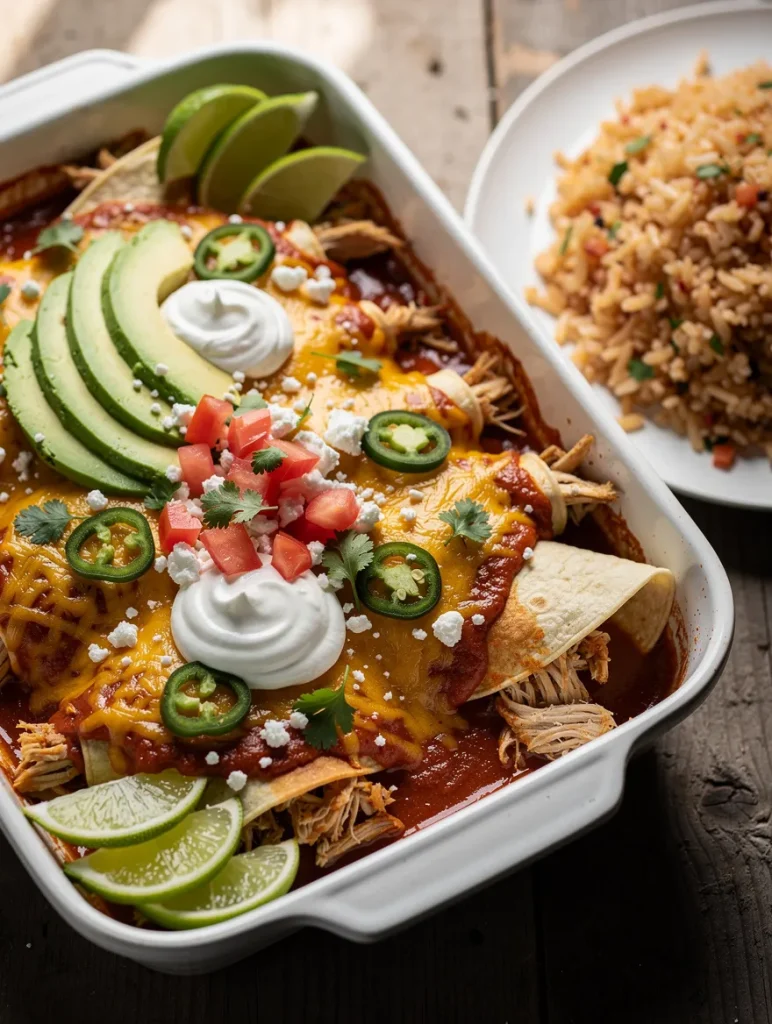 Crockpot Chicken Enchiladas baked with shredded chicken, enchilada sauce, melted cheddar cheese, avocado, sour cream, jalapeños, fresh cilantro, lime wedges, and Mexican rice.