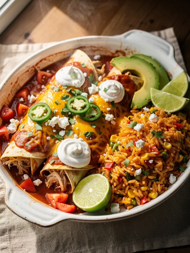 Crockpot Chicken Enchiladas served with Mexican rice, avocado, sour cream, jalapeños, shredded cheese, queso fresco, cilantro, and lime wedges.