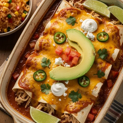 Crockpot Chicken Enchilada Recipe with shredded chicken, melted cheddar cheese, avocado, sour cream, jalapeños, cilantro, lime wedges, and Mexican rice in a baking dish.