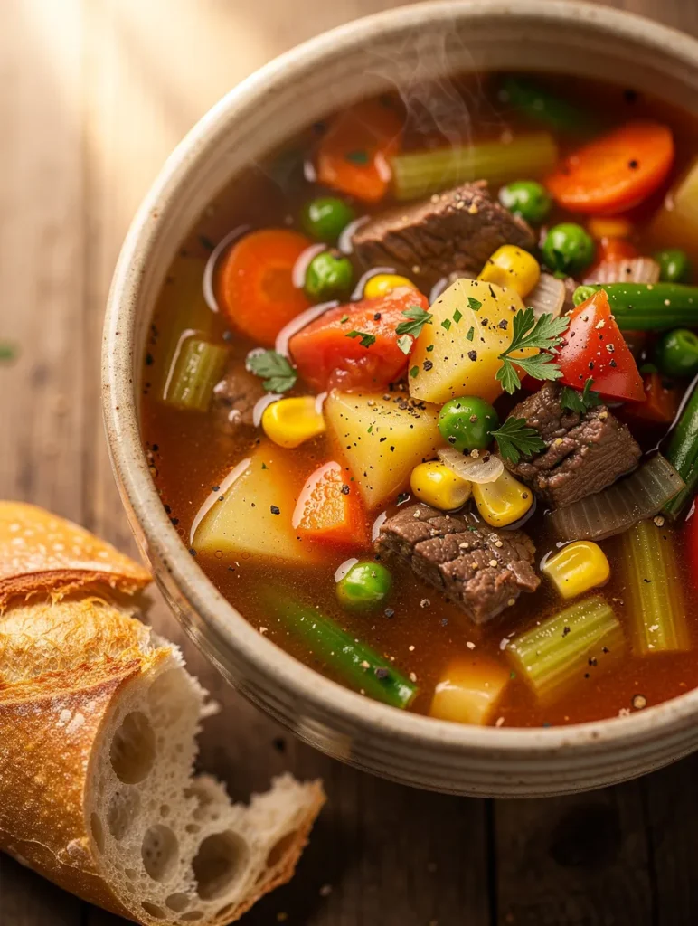 Close-up of easy vegetable beef soup with tender beef, potatoes, carrots, celery, green beans, peas, corn, and tomatoes in a savory broth, served with crusty French bread.
