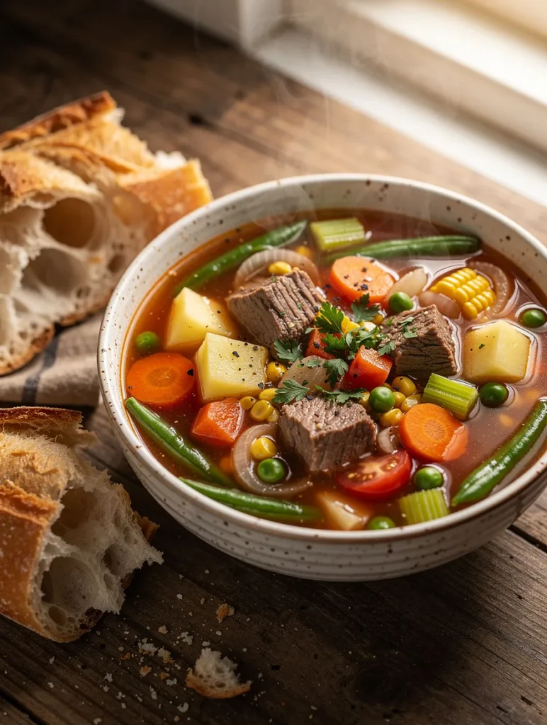 Hearty easy vegetable beef soup with tender beef, potatoes, carrots, green beans, celery, peas, corn, and tomatoes in a savory tomato broth, served with crusty artisan bread.
