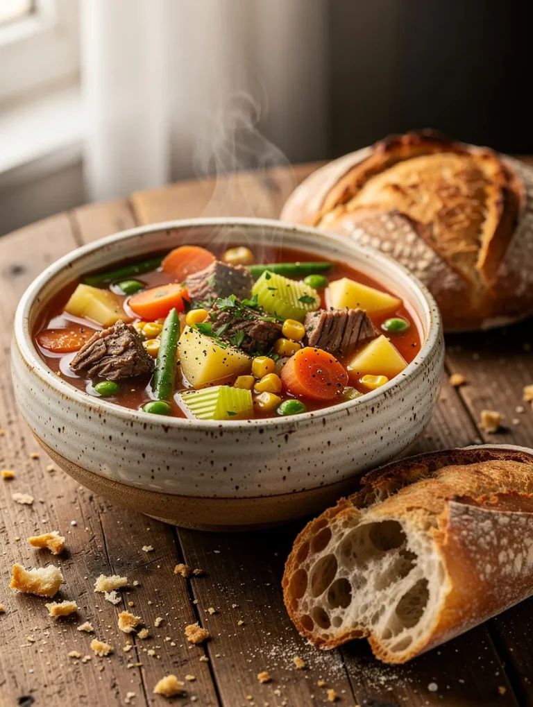 Hearty easy vegetable beef soup with tender beef, potatoes, carrots, celery, green beans, peas, and corn in a rustic bowl, served with crusty artisan bread.