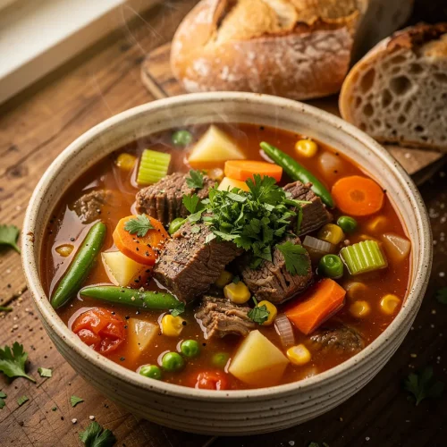 Easy vegetable beef soup with tender beef, potatoes, carrots, celery, green beans, peas, corn, and tomatoes in a rich tomato broth, garnished with fresh parsley and served with crusty artisan bread.