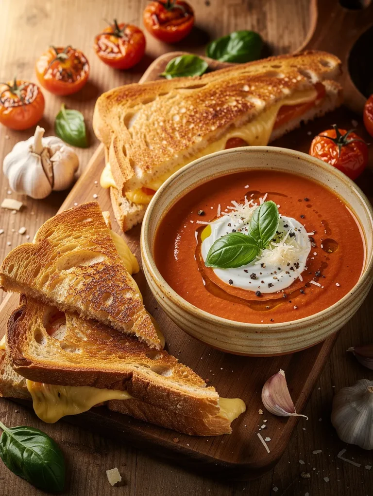 Creamy tomato soup topped with basil, Parmesan, and cream served with crispy grilled cheese sandwiches on rustic sourdough bread.