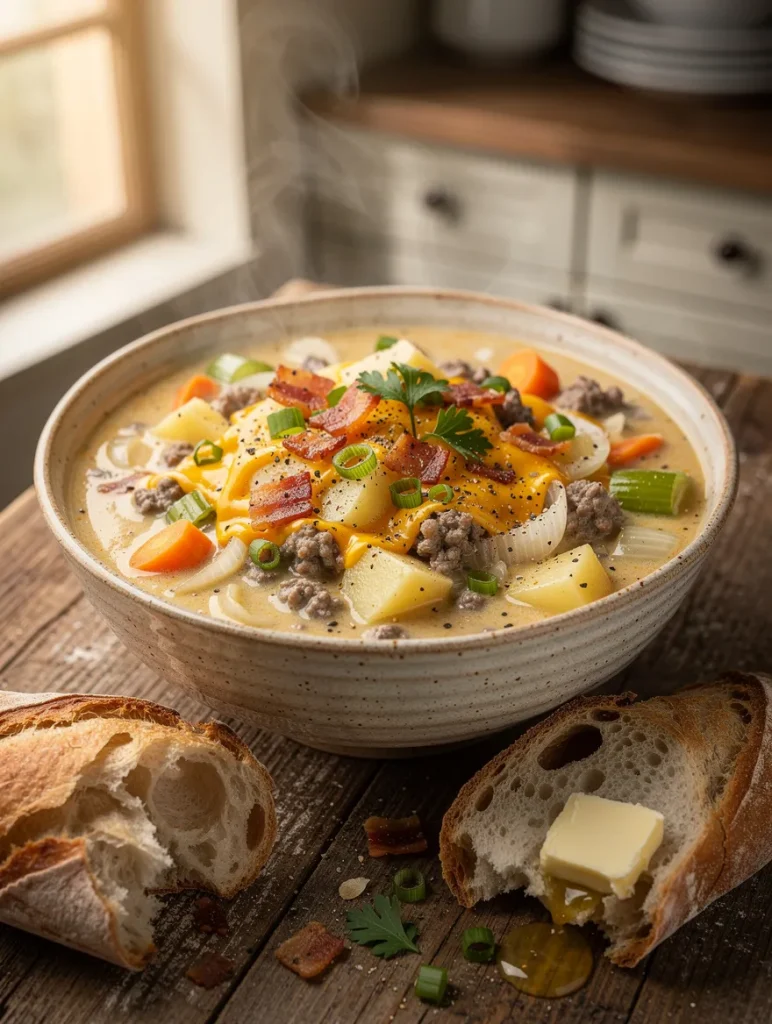 Hamburger potato soup in a rustic bowl with ground beef, potatoes, carrots, celery, onions, melted cheddar cheese, crispy bacon, green onions, and parsley, served with crusty bread and butter.