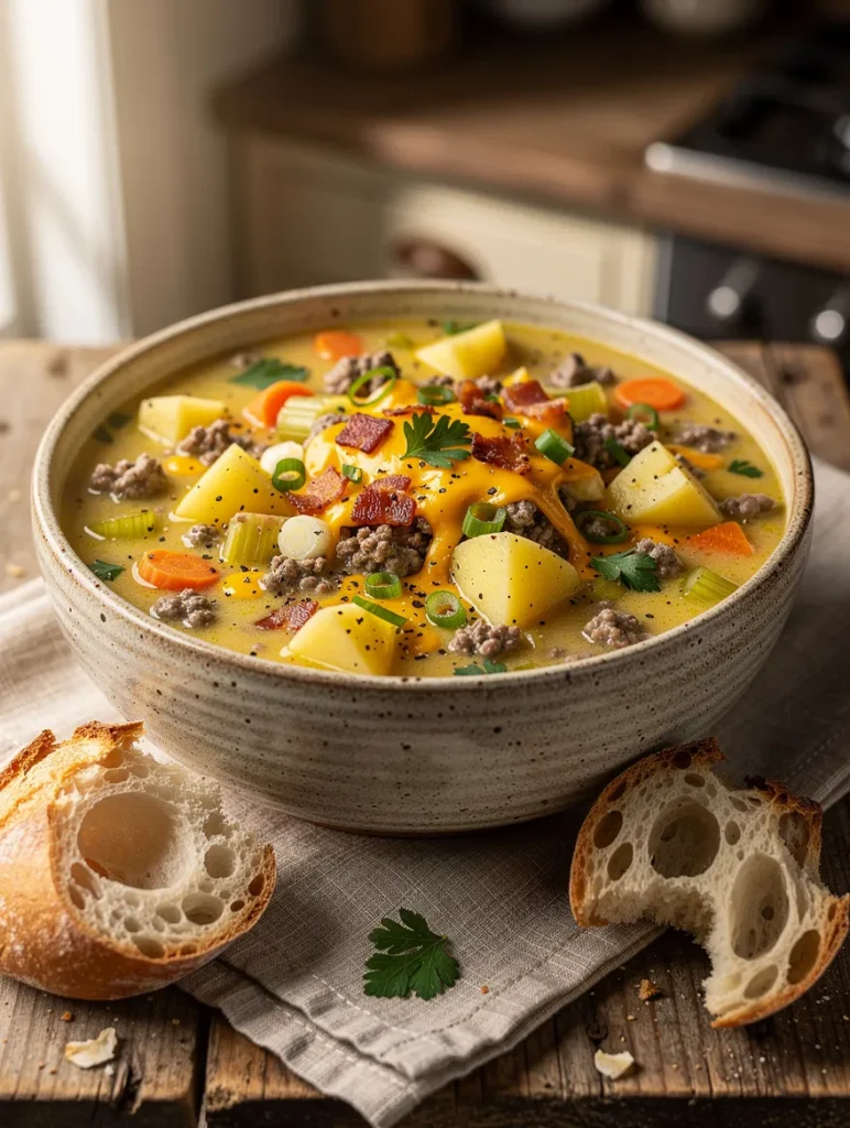 Creamy hamburger potato soup topped with melted cheddar cheese, crispy bacon, green onions, and parsley in a rustic ceramic bowl, served with crusty artisan bread.