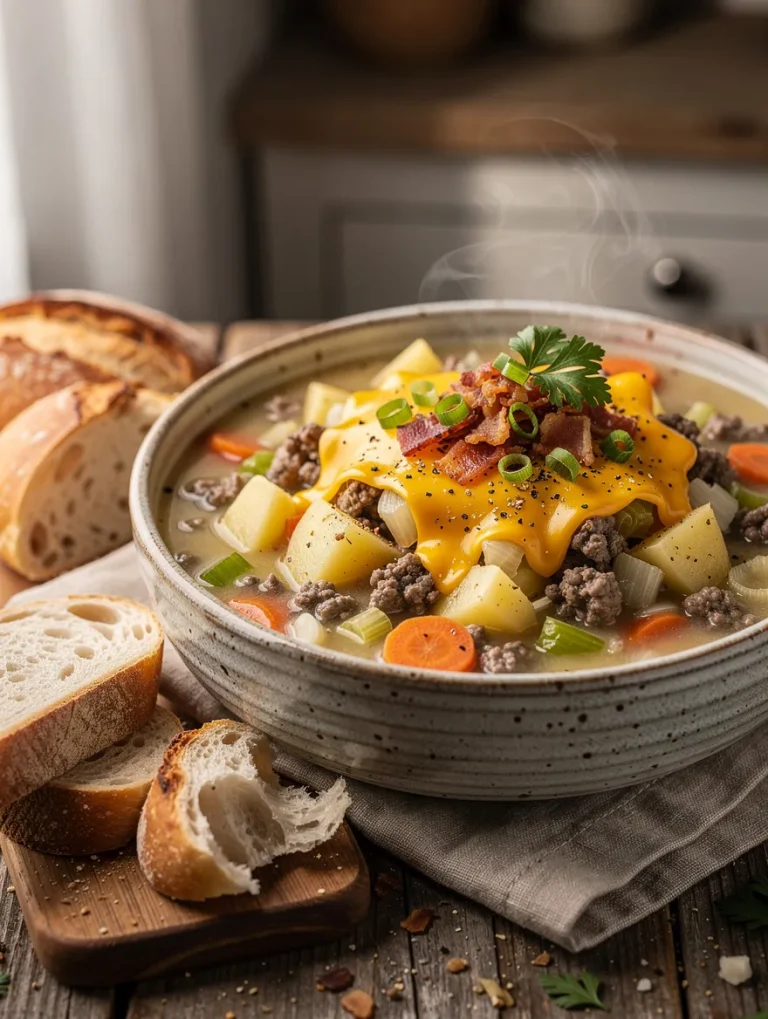 Hamburger potato soup served in a rustic bowl with ground beef, potatoes, carrots, celery, onions, melted cheddar cheese, crispy bacon, green onions, and fresh parsley, alongside slices of crusty bread.