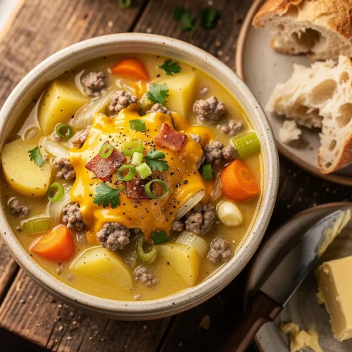 Creamy hamburger potato soup topped with melted cheddar cheese, crispy bacon, green onions, and parsley, served in a rustic bowl with crusty artisan bread and butter.