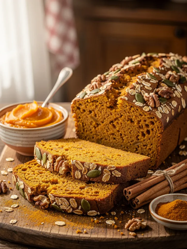 Healthy pumpkin bread made with pumpkin puree, topped with oats, pumpkin seeds, and pecans, sliced on a wooden board with cinnamon sticks and warm fall spices.