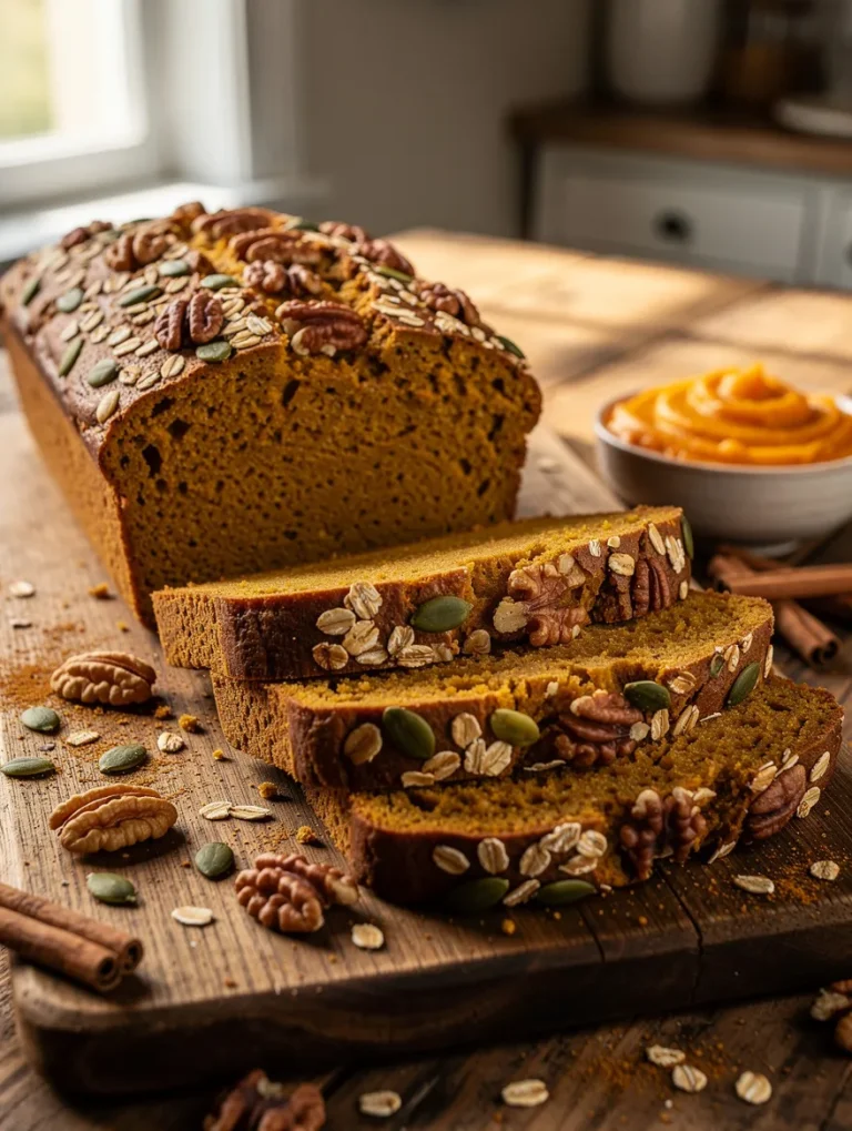 Healthy pumpkin bread topped with pecans, pumpkin seeds, and oats, sliced on a wooden board and served with pumpkin puree in a rustic kitchen.