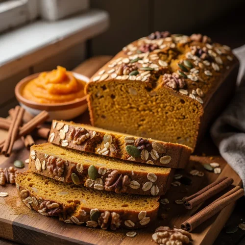 Healthy pumpkin bread recipe topped with pecans, pumpkin seeds, and rolled oats, sliced on a wooden cutting board with pumpkin puree and cinnamon sticks.