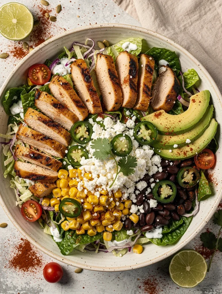 High Protein Chicken Street Corn Salad with grilled chicken, avocado, black beans, roasted corn, cotija cheese, and jalapeños.