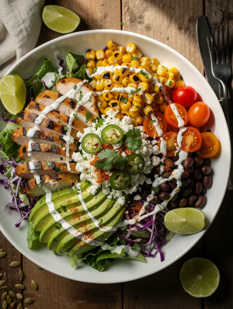 High Protein Chicken Street Corn Salad with grilled chicken, roasted corn, avocado, black beans, cotija cheese, cherry tomatoes, and creamy lime dressing.