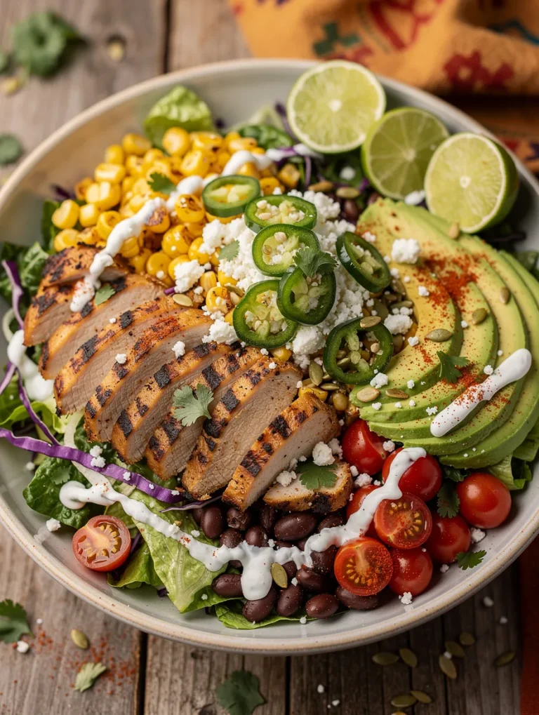High Protein Chicken Street Corn Salad with grilled chicken, avocado, roasted corn, black beans, tomatoes, cotija cheese, and jalapeños.