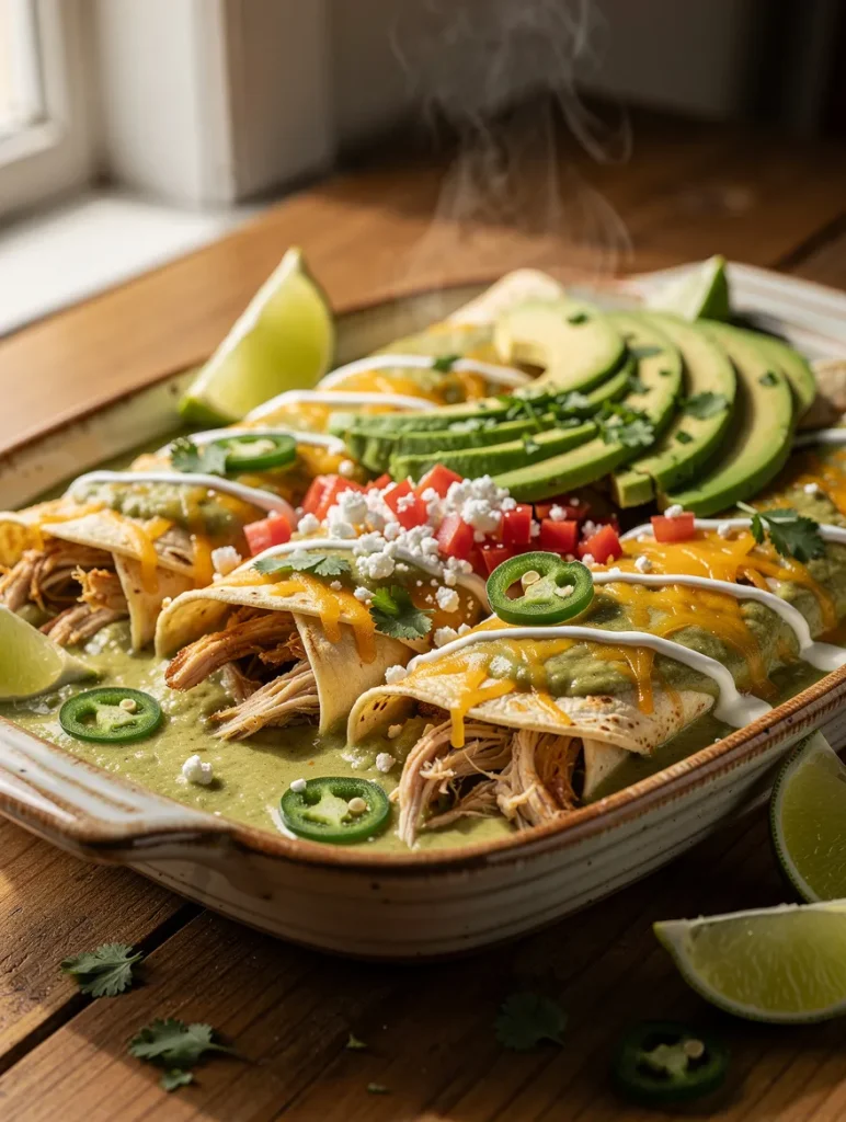 Honey lime chicken enchiladas topped with avocado, green enchilada sauce, melted cheese, sour cream, jalapeños, queso fresco, cilantro, and lime wedges.