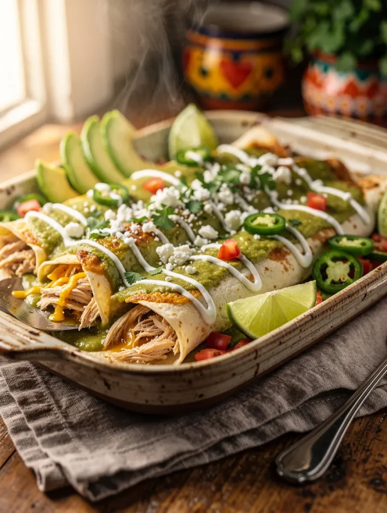 Honey lime chicken enchiladas baked in green sauce with avocado, queso fresco, sour cream, jalapeños, cilantro, and fresh lime wedges.