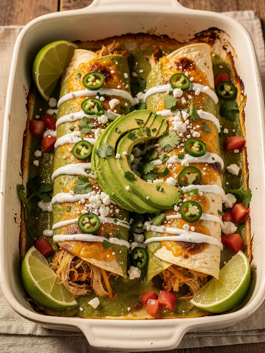 Honey lime chicken enchiladas baked in green enchilada sauce and topped with avocado, jalapeños, sour cream, queso fresco, cilantro, and fresh lime wedges.