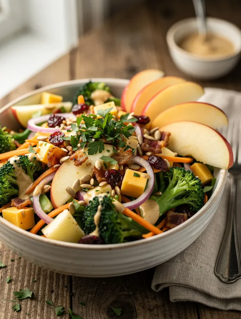 Honeycrisp apple broccoli salad with fresh broccoli, crisp apple slices, cheddar cheese, bacon, dried cranberries, red onion, sunflower seeds, and creamy dressing.