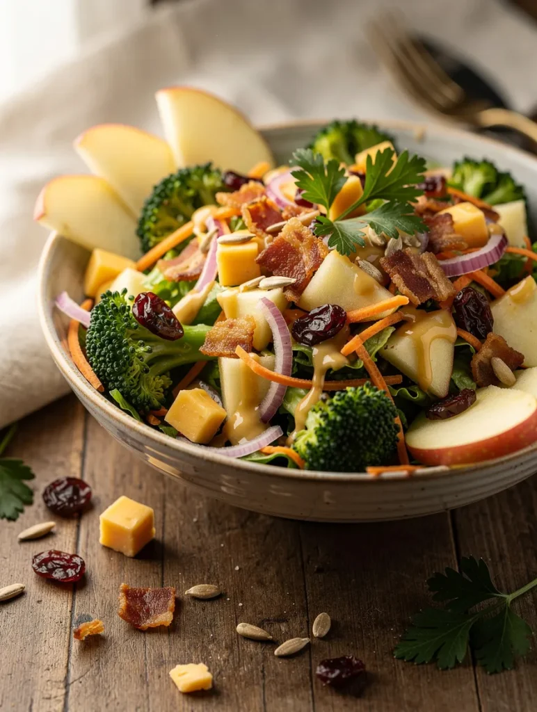 Honeycrisp apple broccoli salad with broccoli florets, apple chunks, cheddar cheese, bacon, dried cranberries, sunflower seeds, red onion, and creamy honey mustard dressing.
