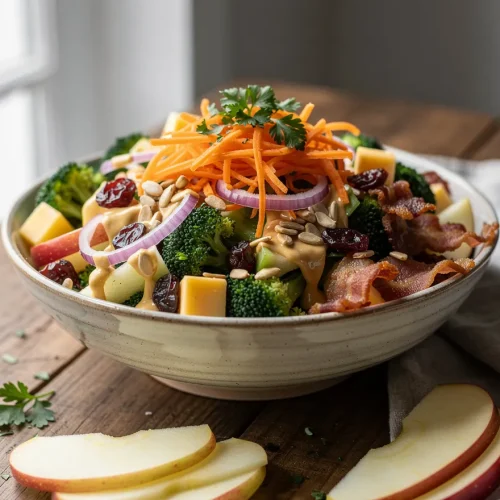 Honeycrisp apple broccoli salad topped with shredded carrots, crispy bacon, cheddar cheese, dried cranberries, sunflower seeds, red onion, and creamy honey mustard dressing.