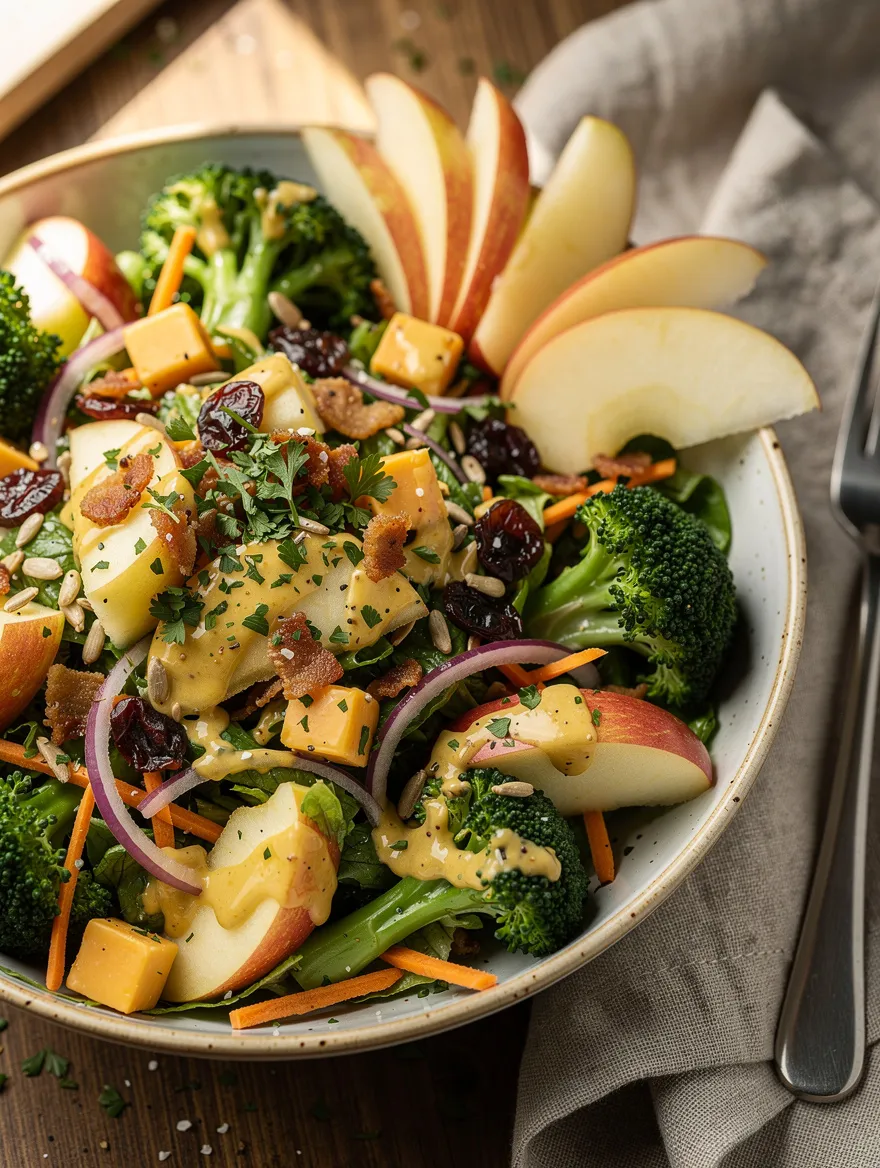 Honeycrisp apple broccoli salad with fresh broccoli, crisp apple slices, cheddar cheese, dried cranberries, red onion, sunflower seeds, and creamy honey mustard dressing.