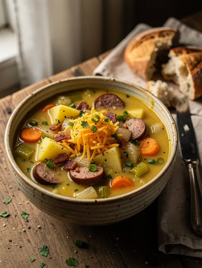 Rustic kielbasa potato soup with sliced smoked kielbasa, potatoes, carrots, celery, onions, shredded cheddar cheese, crispy bacon, green onions, and crusty artisan bread.