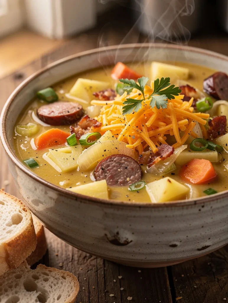 Steaming kielbasa potato soup with smoked kielbasa sausage, potato chunks, carrots, celery, onions, shredded cheddar cheese, crispy bacon, green onions, parsley, and crusty bread.