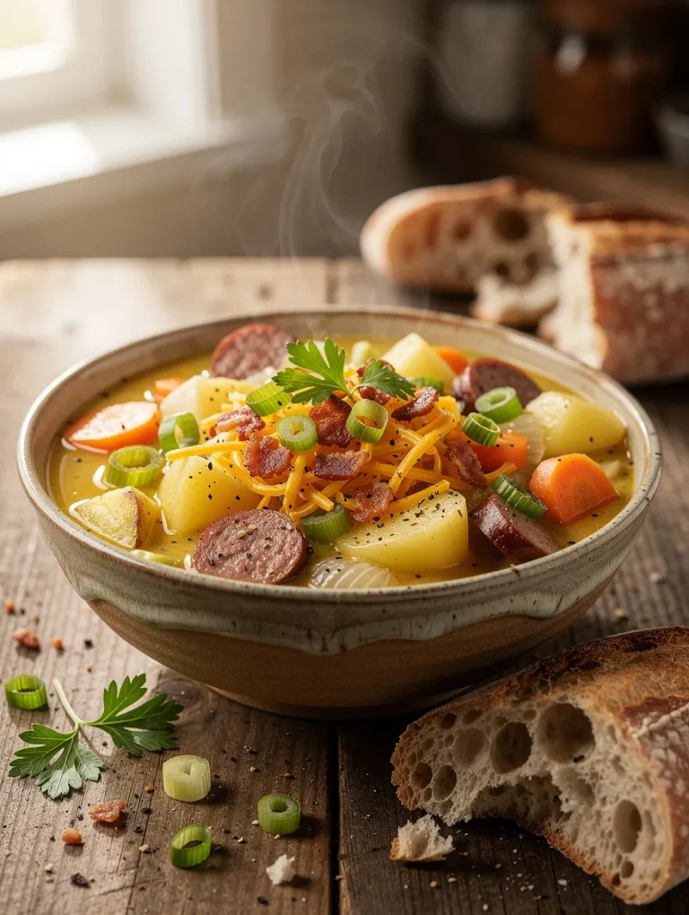 Hearty kielbasa potato soup with sliced kielbasa sausage, tender potatoes, carrots, onions, cheddar cheese, crispy bacon, green onions, parsley, and crusty artisan bread.