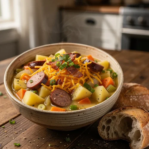 Rustic kielbasa potato soup with smoked kielbasa sausage, potato chunks, carrots, celery, onions, shredded cheddar cheese, crispy bacon, green onions, parsley, and crusty artisan bread.
