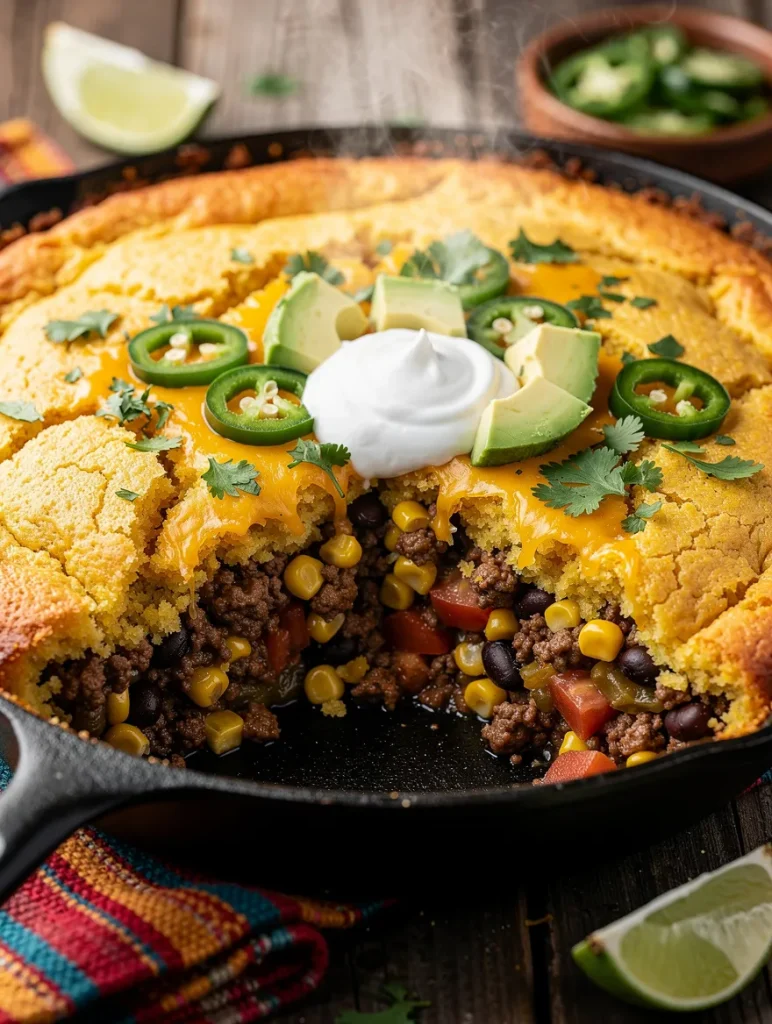 Mexican cornbread casserole in a cast-iron skillet topped with sour cream, avocado, jalapeño slices, cilantro, and melted cheddar over a savory beef, black bean, corn, and tomato filling.