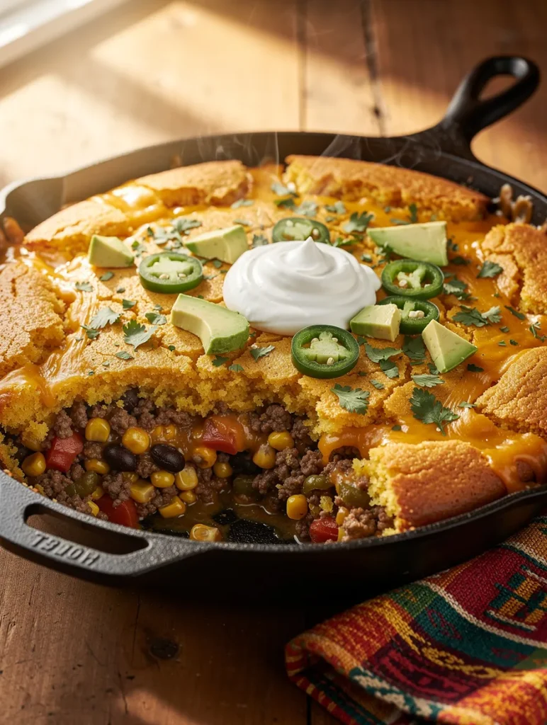 Mexican cornbread casserole baked in a cast-iron skillet with a golden cornbread crust, seasoned ground beef, black beans, corn, melted cheddar cheese, avocado, jalapeños, cilantro, and sour cream.