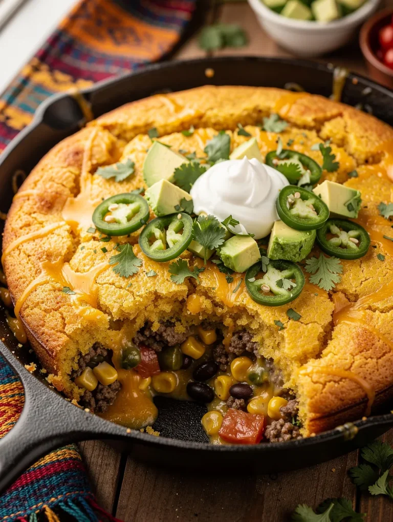 Mexican cornbread casserole baked in a cast-iron skillet with seasoned ground beef, black beans, corn, melted cheddar cheese, avocado, jalapeño slices, cilantro, and a dollop of sour cream.