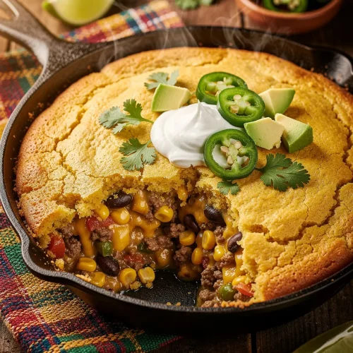 Mexican cornbread casserole in a cast-iron skillet with a golden cornbread crust, cheesy ground beef filling, black beans, corn, avocado, jalapeño slices, cilantro, sour cream, and lime wedges.