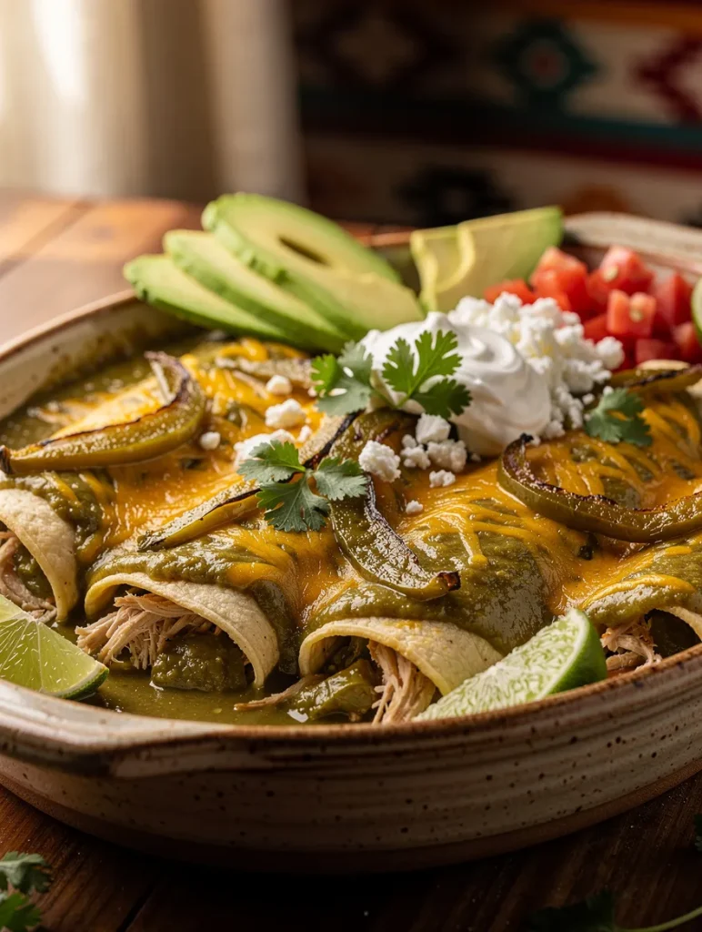 New Mexican green chile chicken enchiladas with roasted green chiles, melted cheddar, avocado, sour cream, queso fresco, cilantro, tomatoes, and lime wedges.
