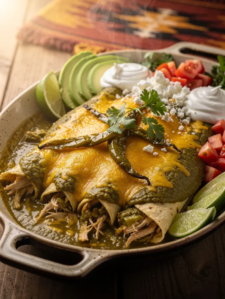 New Mexican green chile chicken enchiladas baked with roasted Hatch green chiles, melted cheddar cheese, avocado, sour cream, queso fresco, cilantro, tomatoes, and lime wedges.