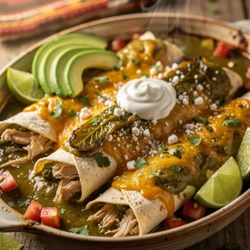 New Mexican green chile chicken enchiladas with roasted Hatch green chiles, melted cheddar cheese, avocado, sour cream, diced tomatoes, cilantro, and fresh lime wedges.