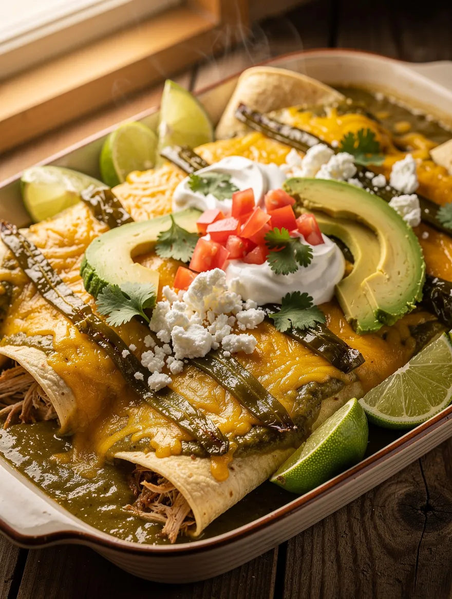 New Mexican green chile chicken enchiladas topped with roasted Hatch green chiles, melted cheese, avocado, sour cream, queso fresco, tomatoes, cilantro, and lime wedges.